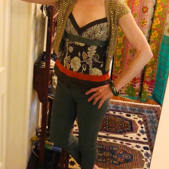 Soft, olive color jeans with brass colored trim. - Picture 5 of 5